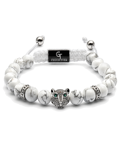 White howlite bead bracelet with crown-like silver centerpiece and bead rings