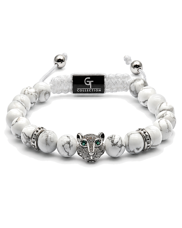 White howlite bead bracelet with crown-like silver centerpiece and bead rings