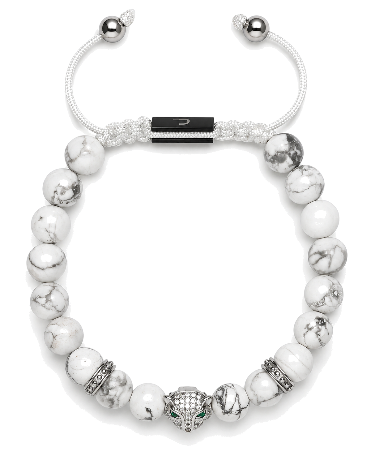 White howlite bead bracelet with black enamel tag and silver spacer beads