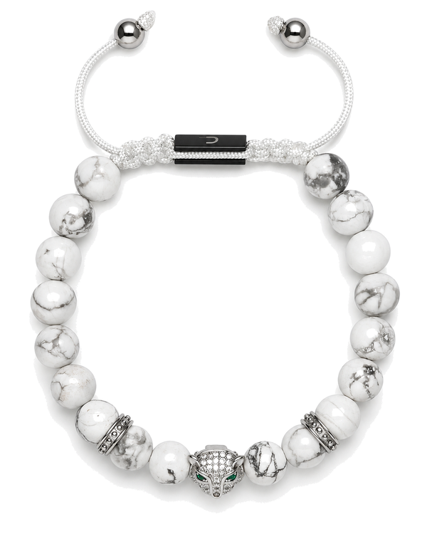 White howlite bead bracelet with black enamel tag and silver spacer beads