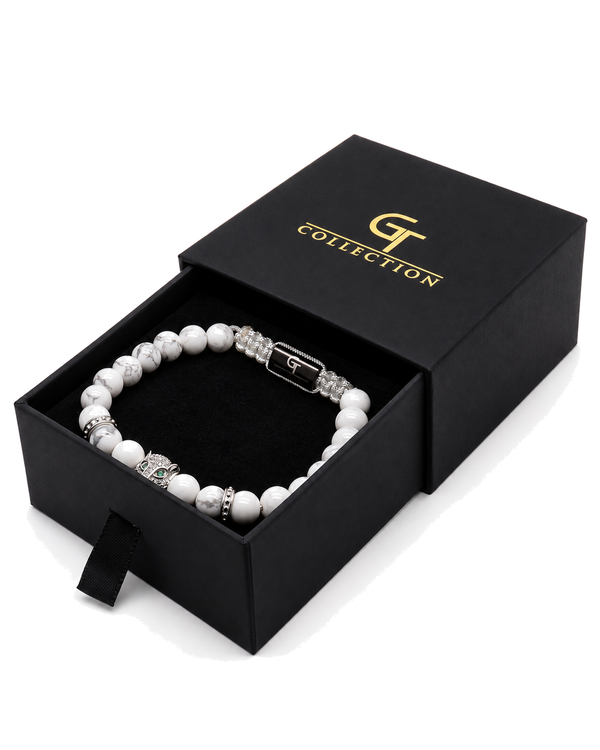 White howlite bead bracelet displayed in a black gift box