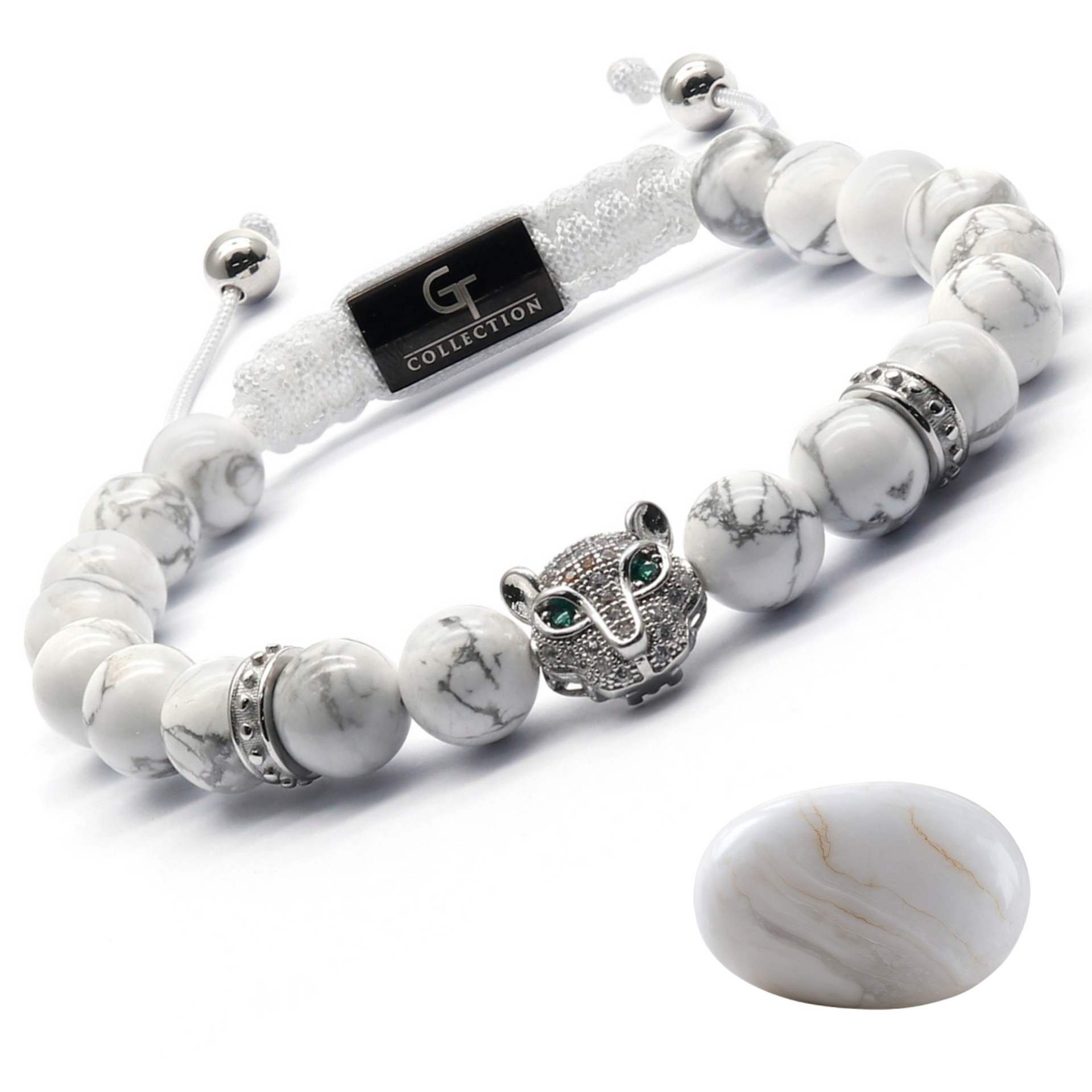 Men's WHITE HOWLITE Bracelet With Silver LEOPARD Head – GT collection