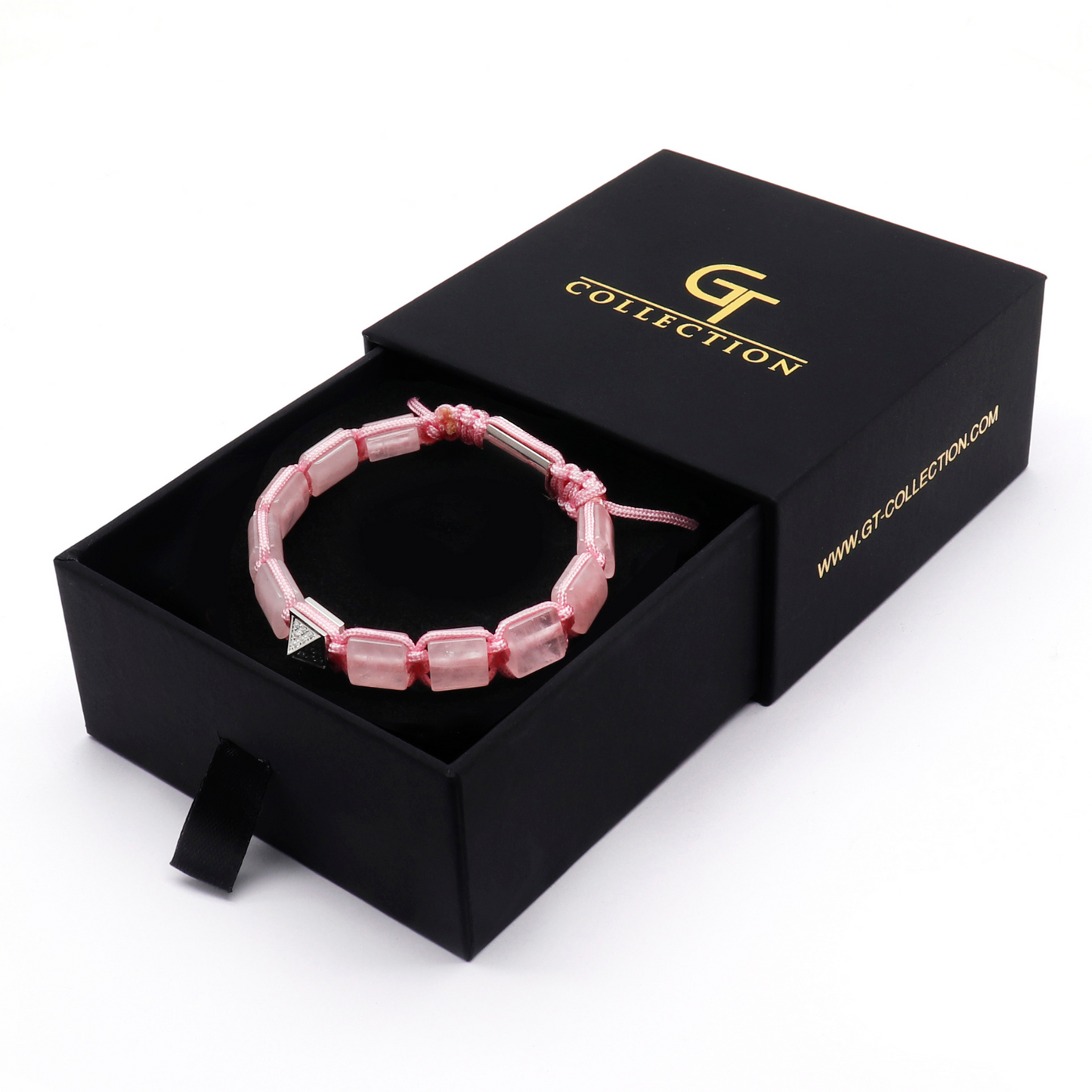 Flaches Perlenarmband aus ROSA QUARZ für Damen mit Pyramidendiamant