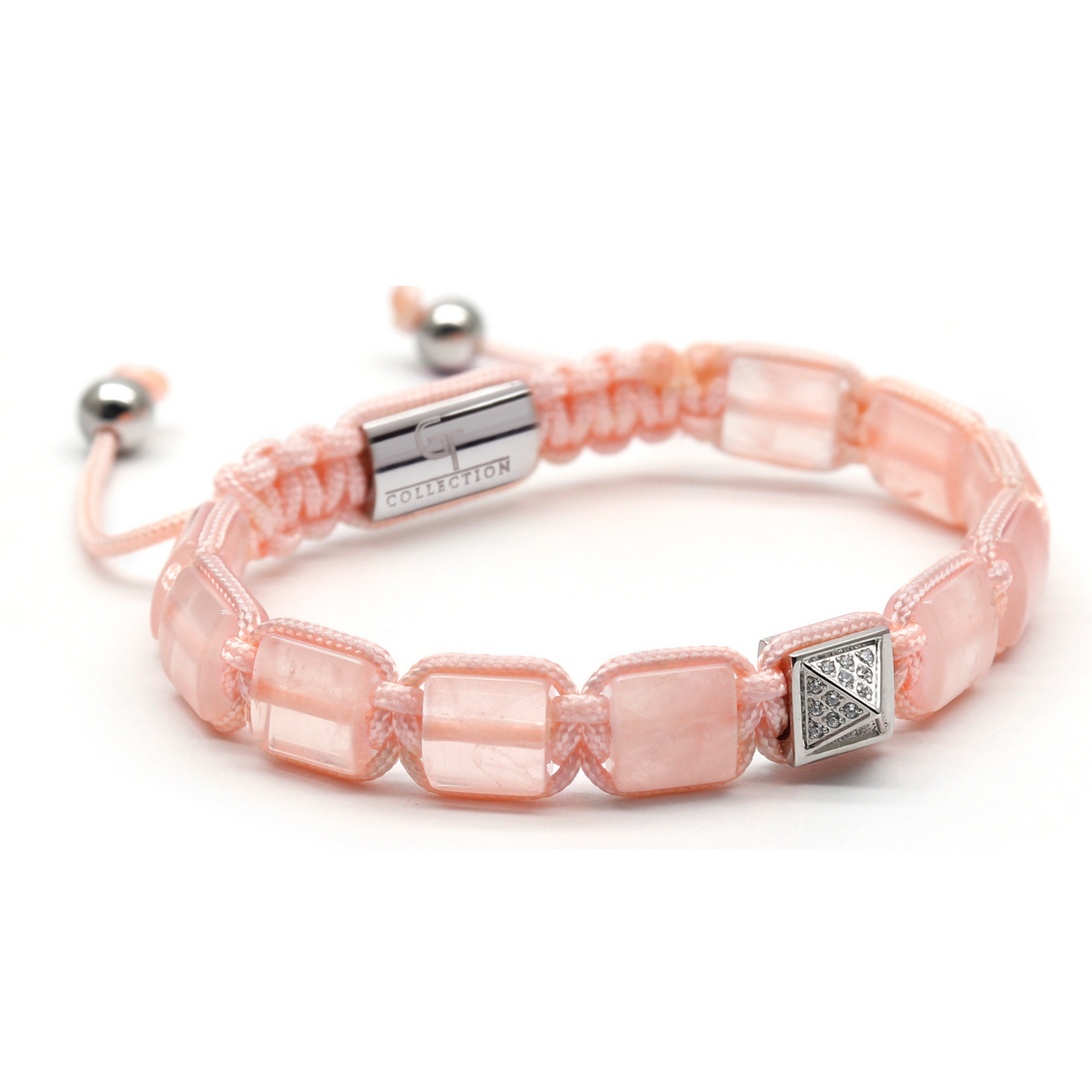 Flaches Perlenarmband aus ROSA QUARZ für Damen mit Pyramidendiamant