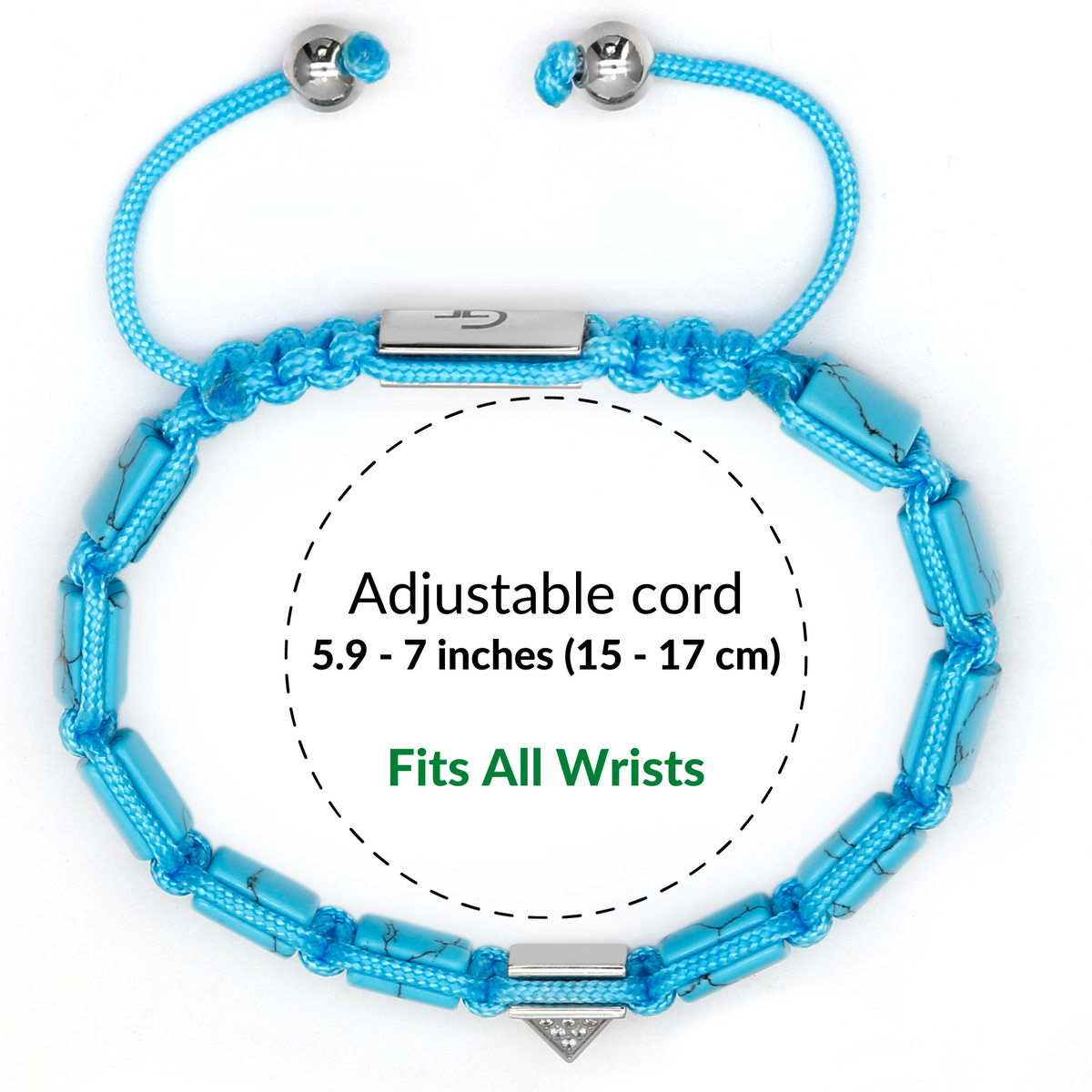 Turquoise adjustable cord bracelet, silver-tone beads; fits 5.9–7 inch wrists