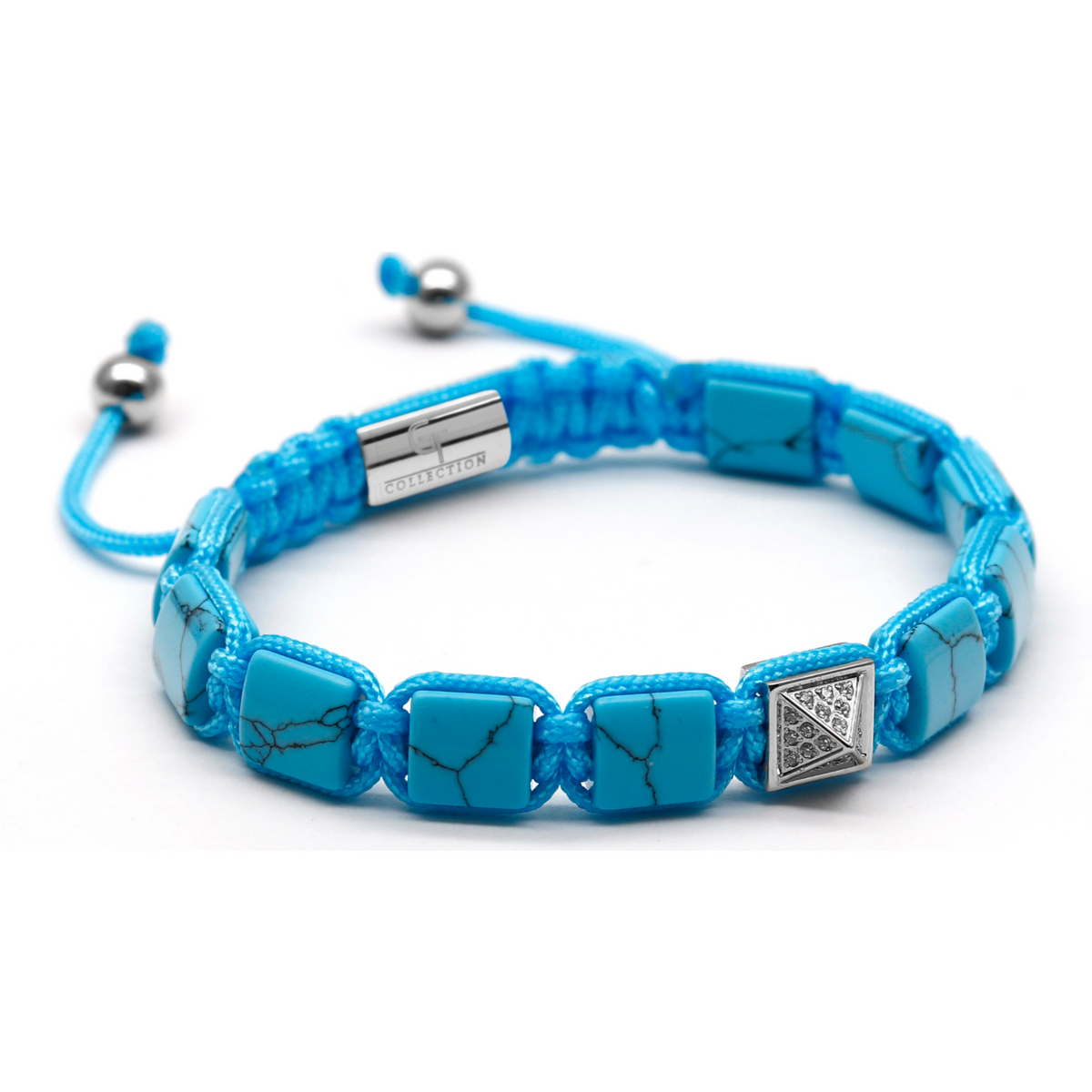 Turquoise flat bead bracelet side view with silver-tone clasp and braided adjustable cord