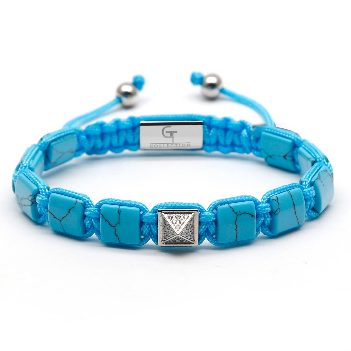 Turquoise flat bead bracelet with braided cord, silver-tone center plate and end beads Main image