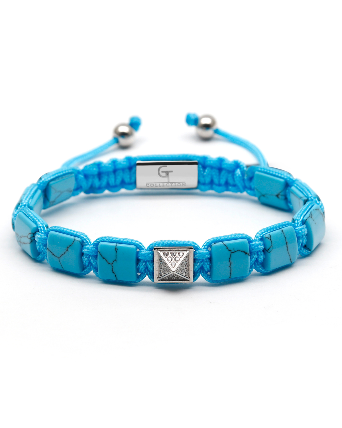 Turquoise flat bead bracelet with square metal charm and magnetic clasp Main image