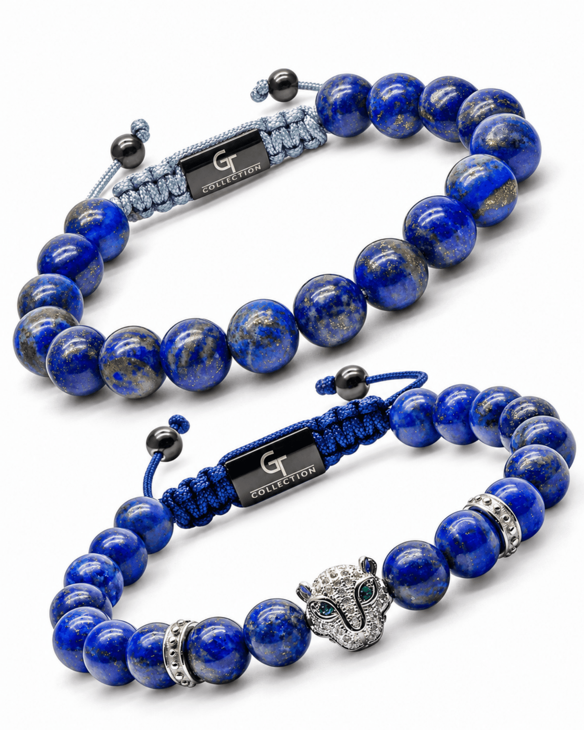 Lapis blue beaded bracelet stack with hamsa-style charm and adjustable cord ties, 2-piece set Główne zdjęcie produktu