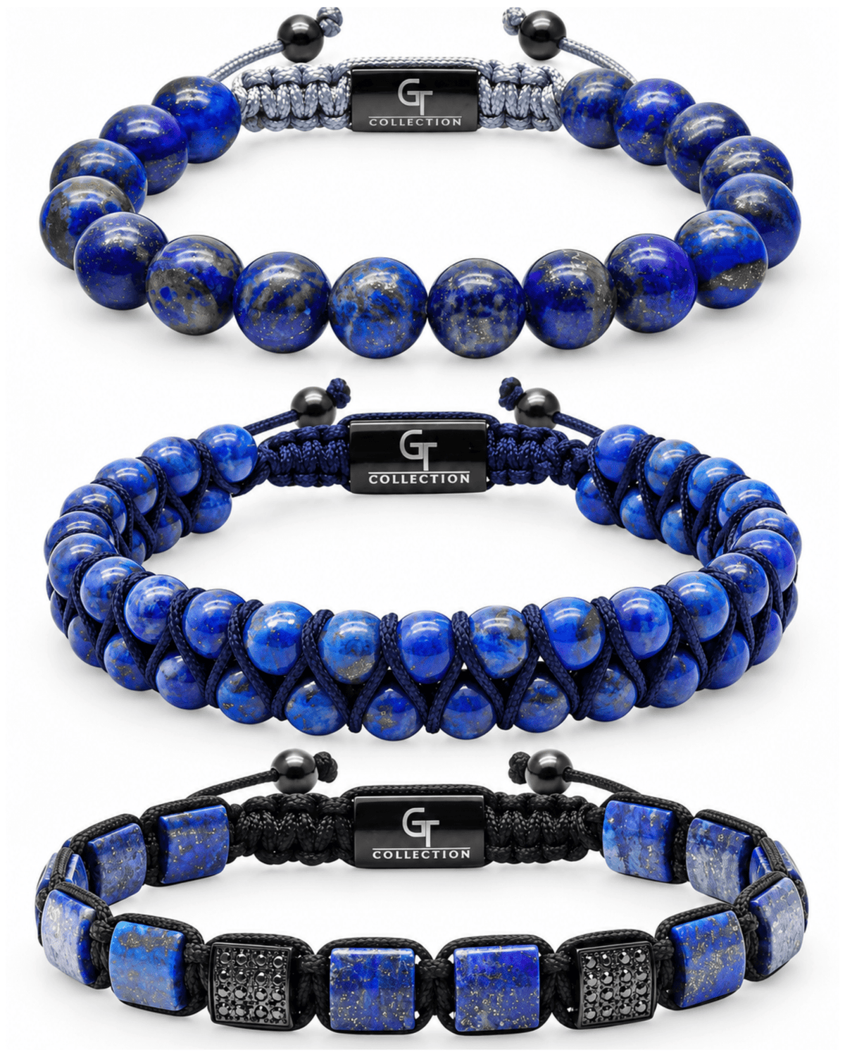 3-piece lapis lazuli beaded bracelet set with black macrame and metal clasp Imagen principal del producto