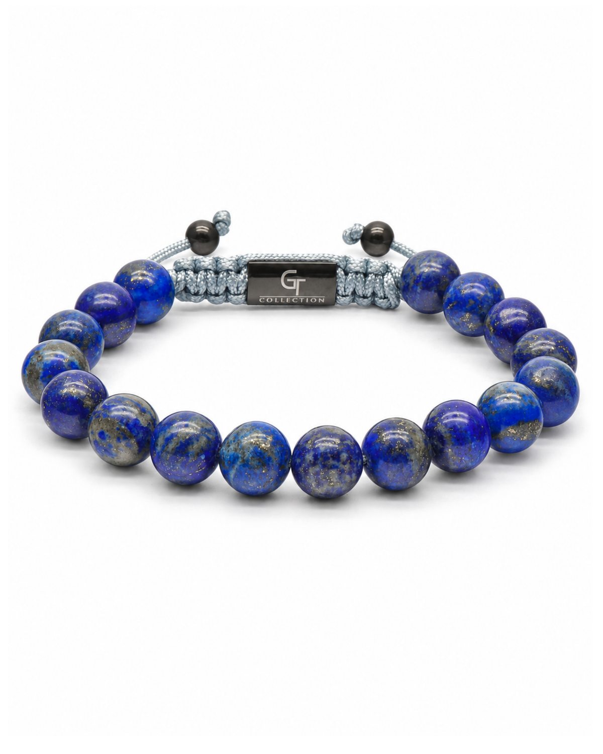 Blue lapis lazuli bead bracelet with gray cord and engraved center plate detail Main image