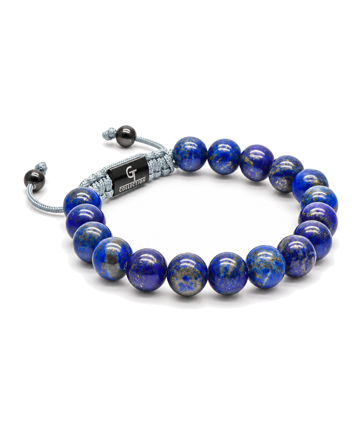 Lapis lazuli bead single-row bracelet with macrame cord and silver-tone end caps
