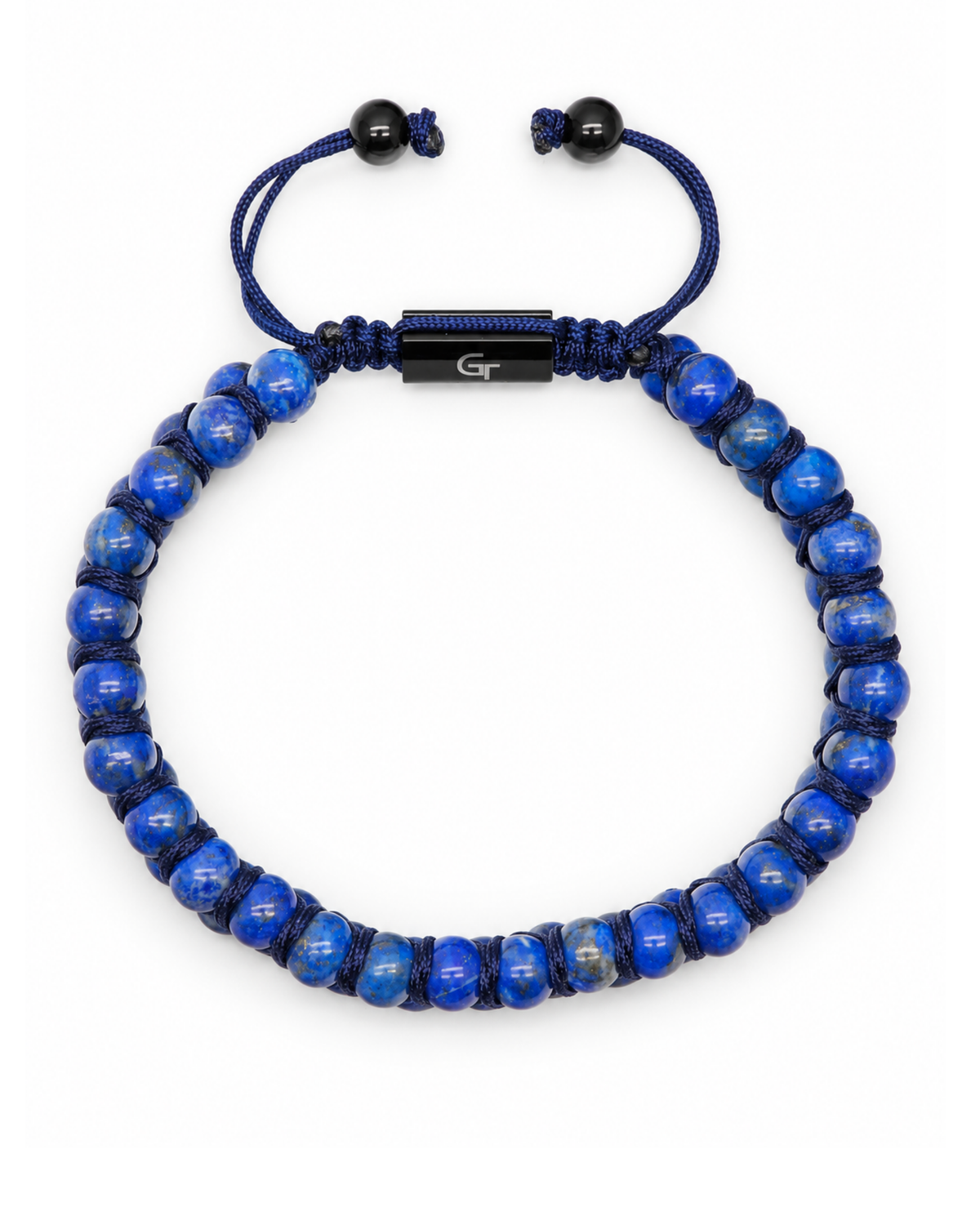 Lapis blue beaded double-row bracelet with rectangular black logo clasp and cord loops