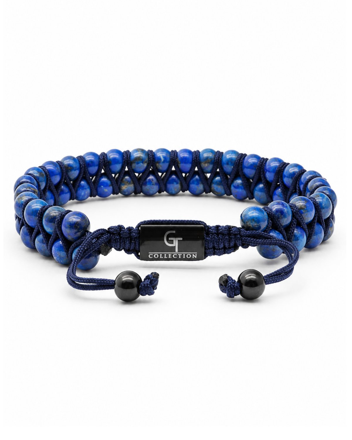 Double-row blue beaded bracelet with black center clasp and dark cord with round beads