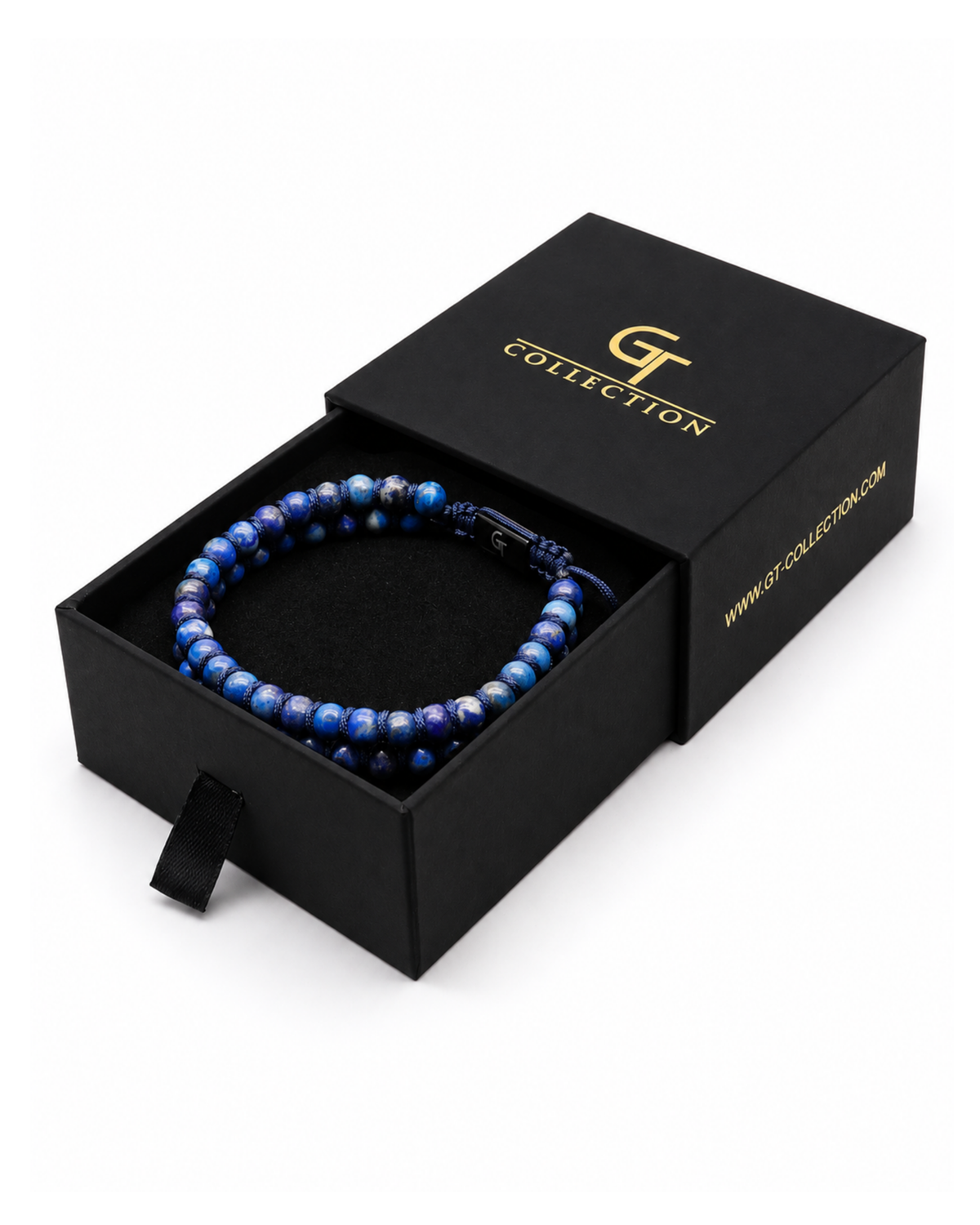 Blue beaded double-row bracelet with black logo clasp, shown in gift box