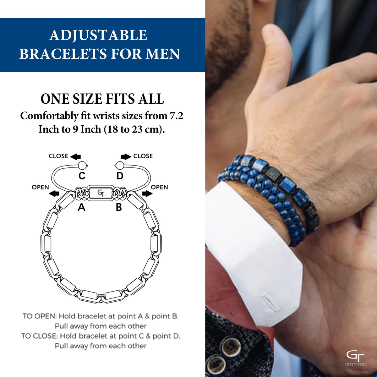 Bracciale Uomo In Pietre Blu Lapislazzuli E Ossidiana: 8mm Con Acciaio Inox (KMStars, 21cm) - Foto 2