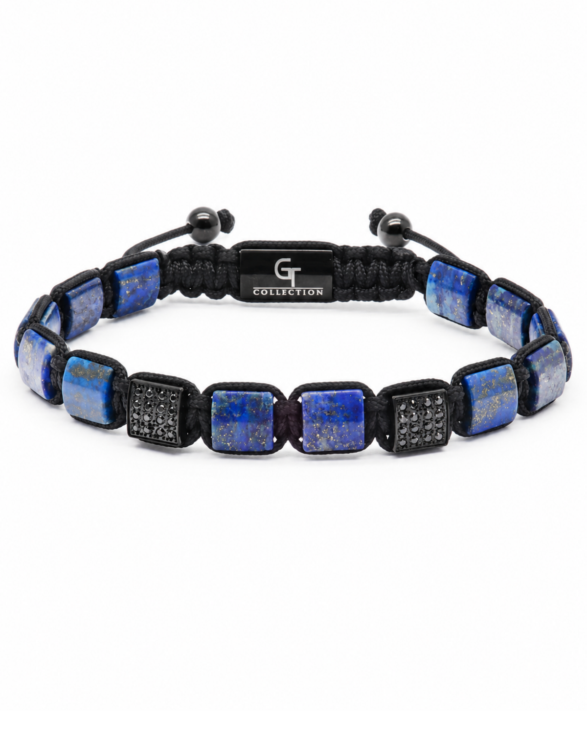 Adjustable blue and black bead bracelet with square lapis-like segments and black knots Main image