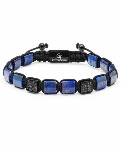 Adjustable blue and black bead bracelet with square lapis-like segments and black knots
