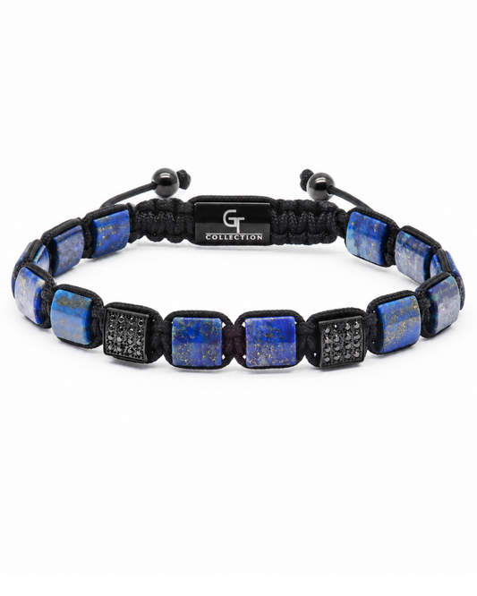 Adjustable blue and black bead bracelet with square lapis-like segments and black knots