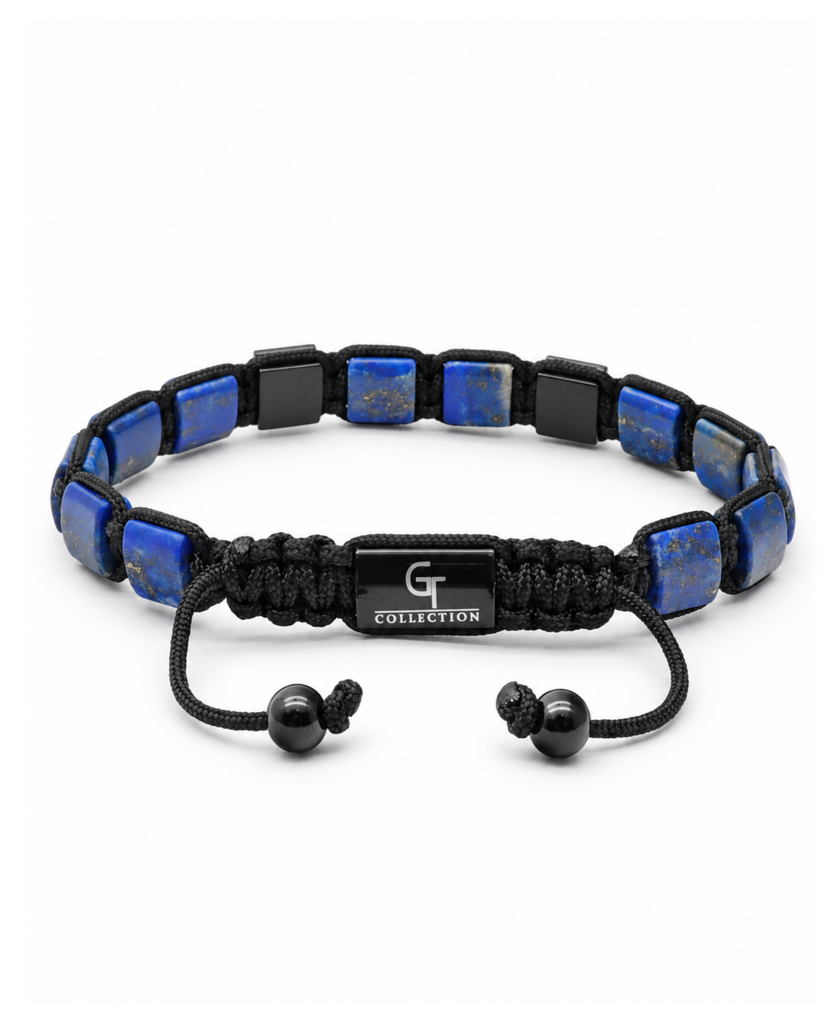 Adjustable blue and black lapis-like bead bracelet with woven cord and center logo plate