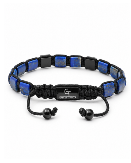 Adjustable blue and black lapis-like bead bracelet with woven cord and center logo plate