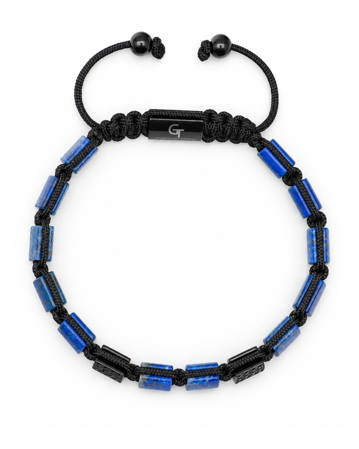 Blue and black beaded bracelet with black cord, flat lapis-like beads, and two end beads