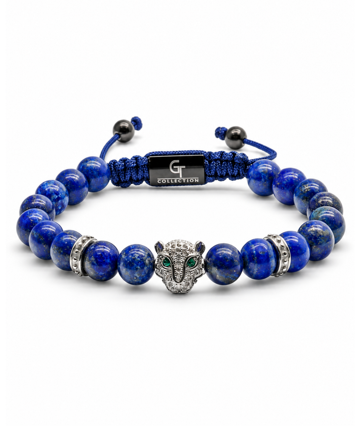 Lapis lazuli bead bracelet with blue cord center label and animal-head charm Main image