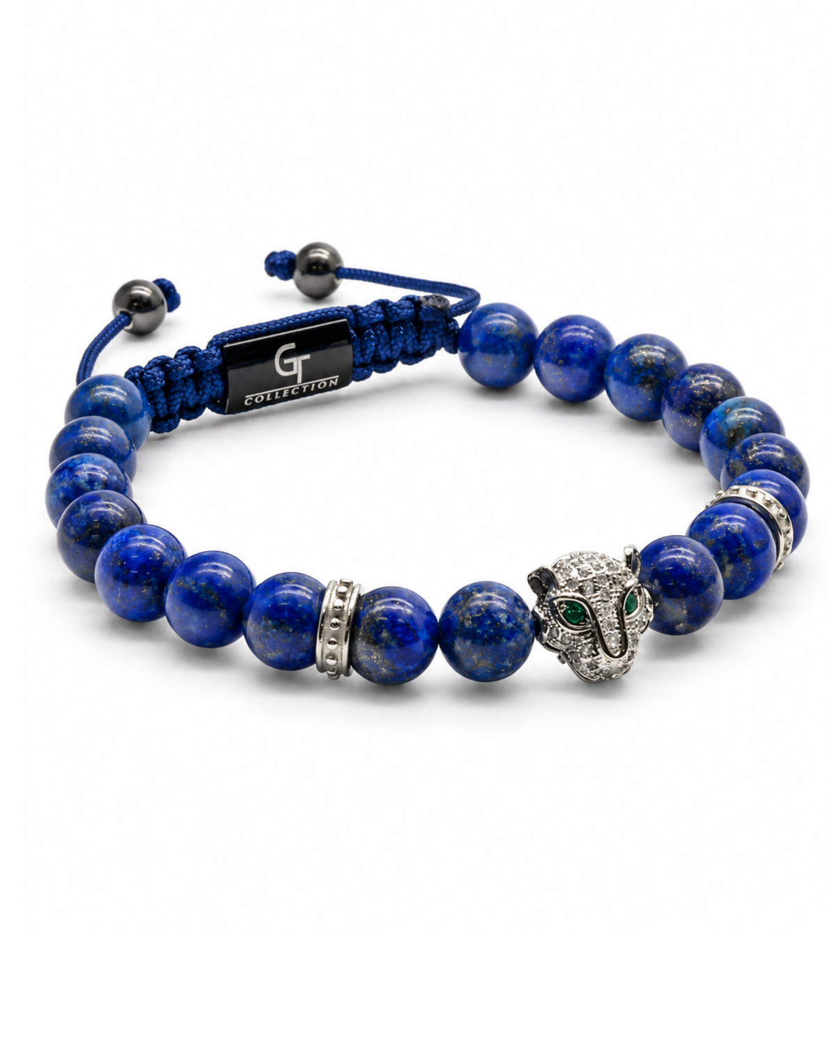 Lapis lazuli bead bracelet with braided cord, silver barrel beads, animal-head charm