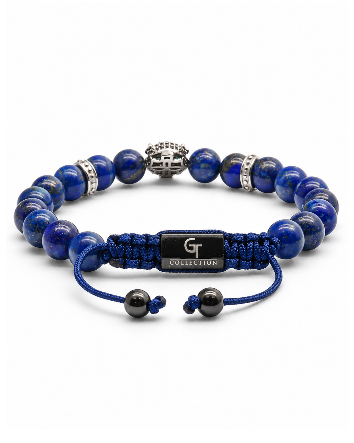 Lapis lazuli bead bracelet with round silver toggle and braided cord center