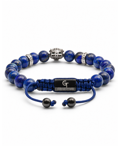 Lapis lazuli bead bracelet with round silver toggle and braided cord center