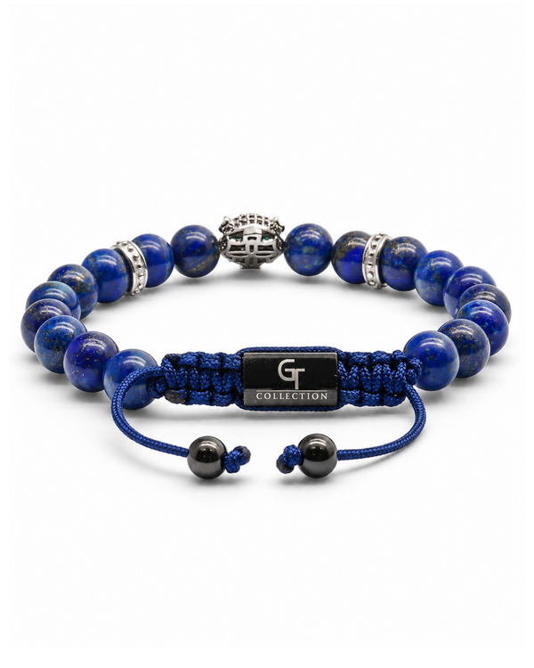 Lapis lazuli bead bracelet with round silver toggle and braided cord center