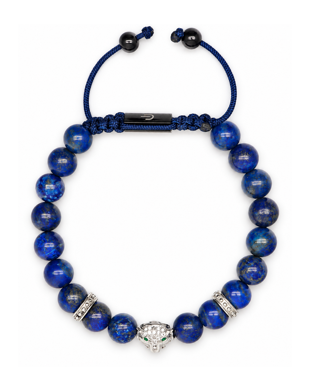 Lapis lazuli bead bracelet with blue braided rope and silver accents, animal-head charm