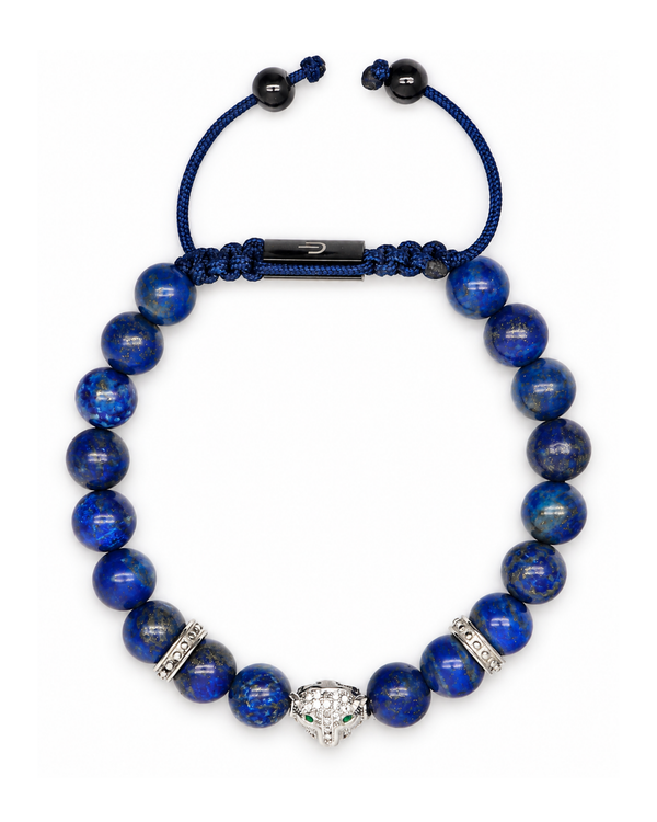 Lapis lazuli bead bracelet with blue braided rope and silver accents, animal-head charm