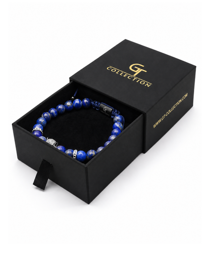 Beaded lapis lazuli bracelet in gift box, blue stone beads with clasp and charm