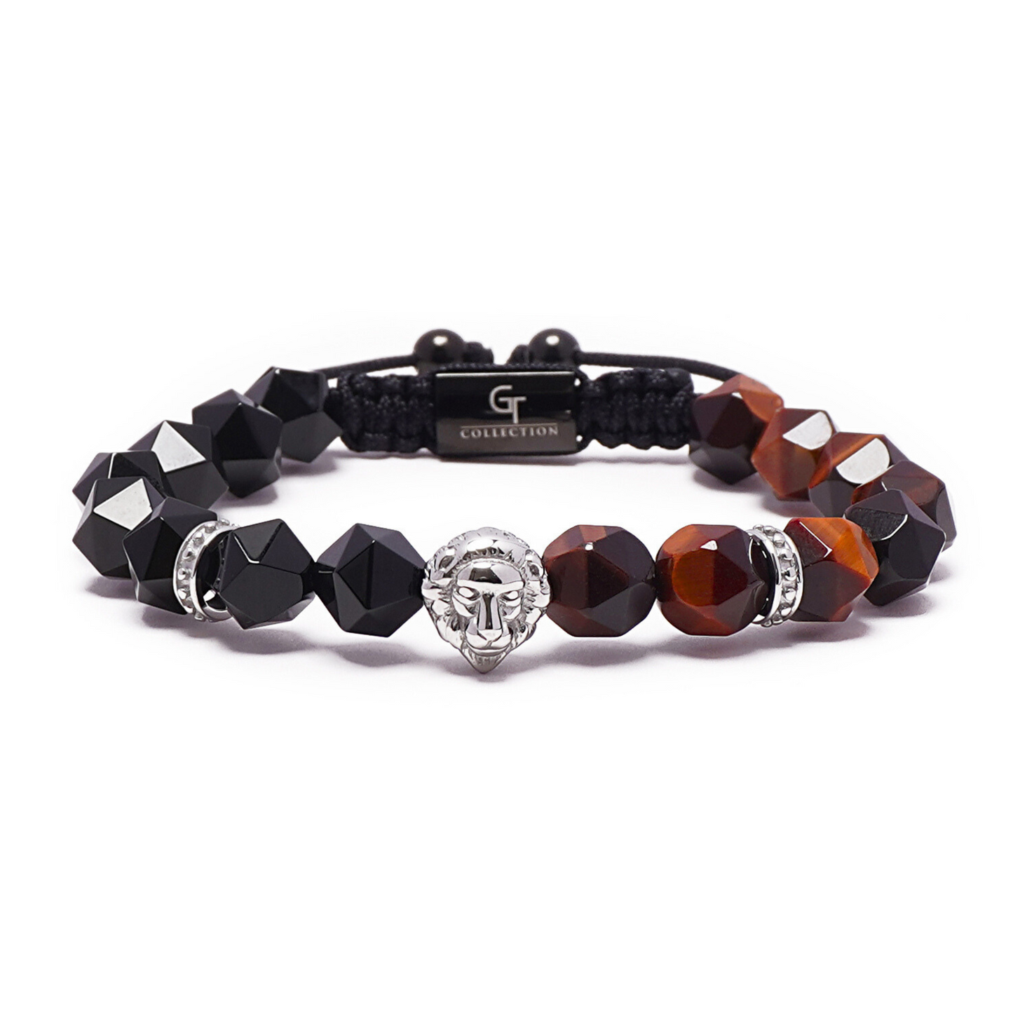 Men's RED TIGER EYE, ONYX Bracelet with Silver LION Head