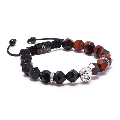 Men's RED TIGER EYE, ONYX Bracelet with Silver LION Head