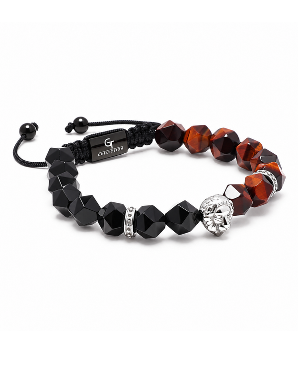 Lion-head beaded bracelet with black beads and orange-brown stone accents.