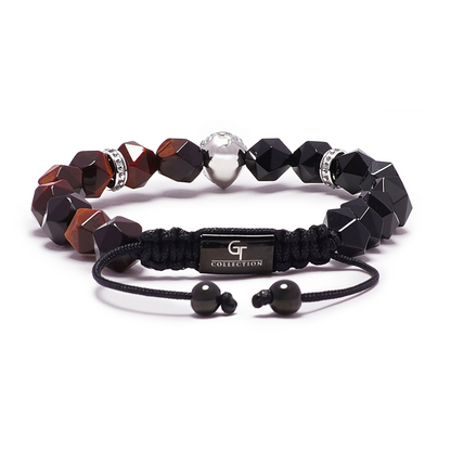 Men's RED TIGER EYE, ONYX Bracelet with Silver LION Head