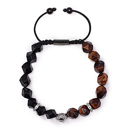 Men's RED TIGER EYE, ONYX Bracelet with Silver LION Head