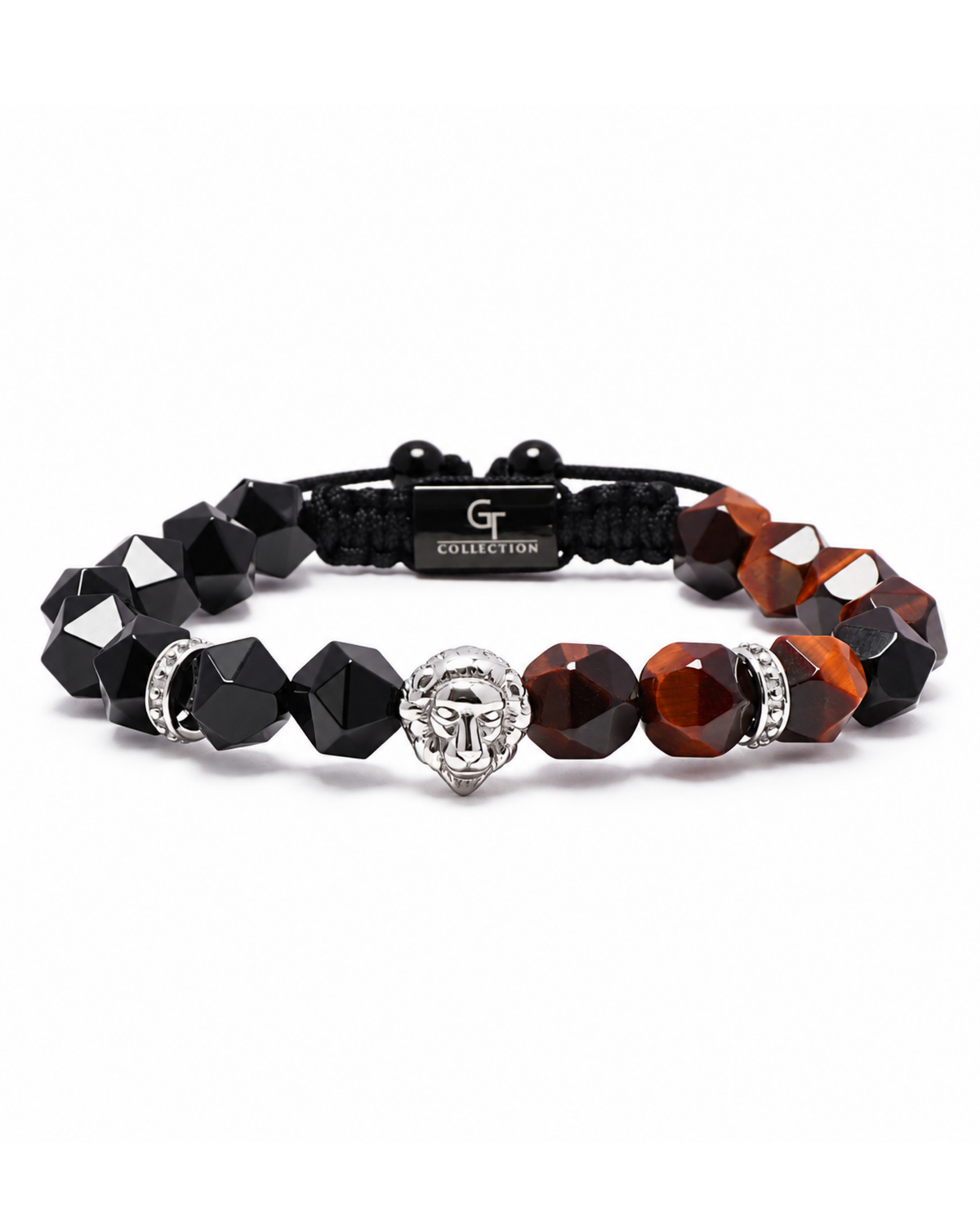 Lion-head beaded bracelet with black and orange-brown faceted stones, braided cord.