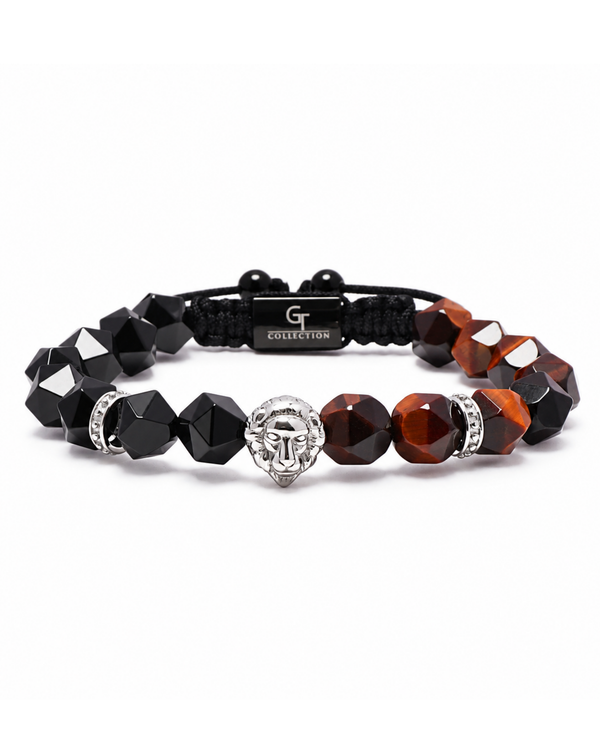 Lion-head beaded bracelet with black and orange-brown faceted stones, braided cord.