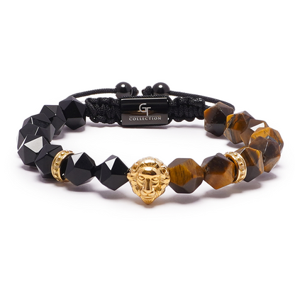 Men's TIGER EYE, ONYX Bracelet with Golden LION Head