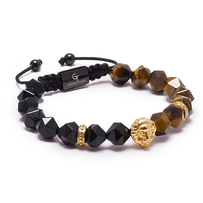 Men's TIGER EYE, ONYX Bracelet with Golden LION Head