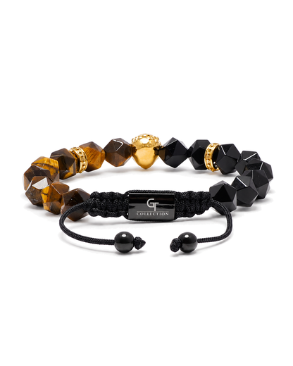 Beaded bracelet with black faceted stones, tiger-eye beads, and gold lion centerpiece