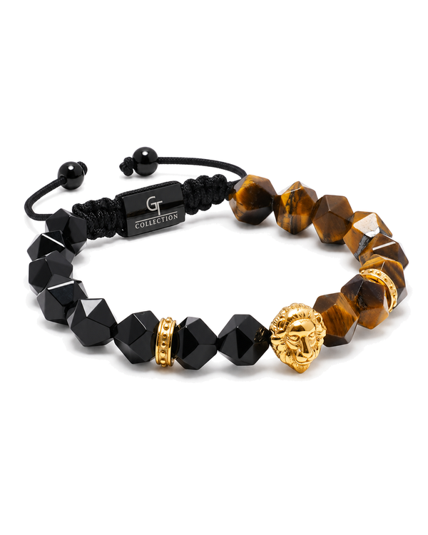 Black and tiger-eye beaded bracelet with gold lion charm and G COLLECTION tag