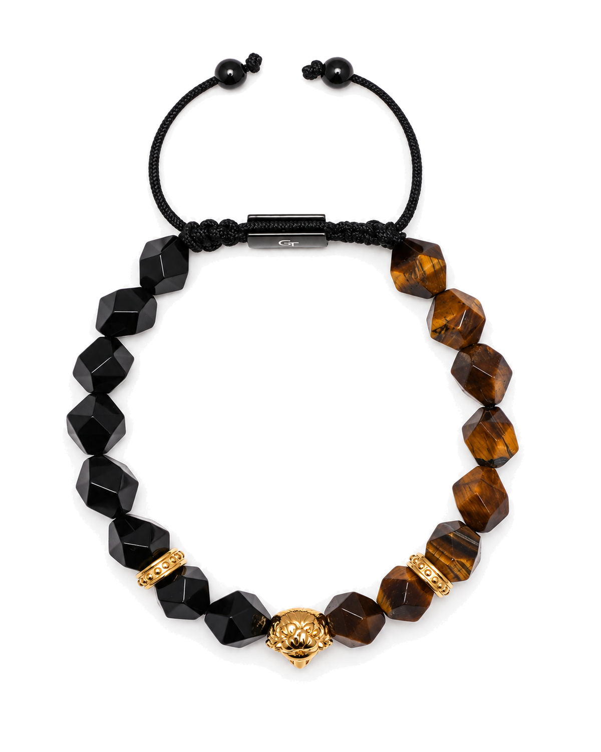 Lion charm beaded bracelet with black faceted beads and tiger-eye style beads