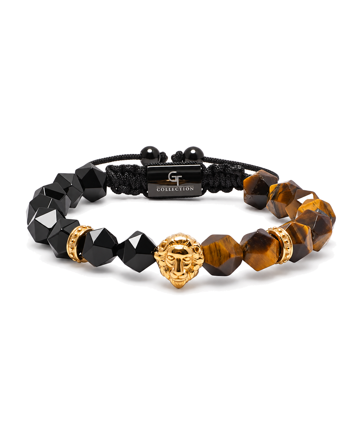 Black faceted bead bracelet with tiger-eye beads and gold lion head charm Main image
