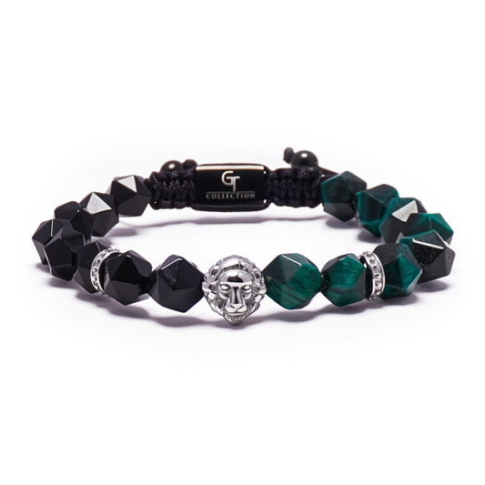 Pulsera de hombre de ojo de tigre verde y ónix con cabeza de león de plata