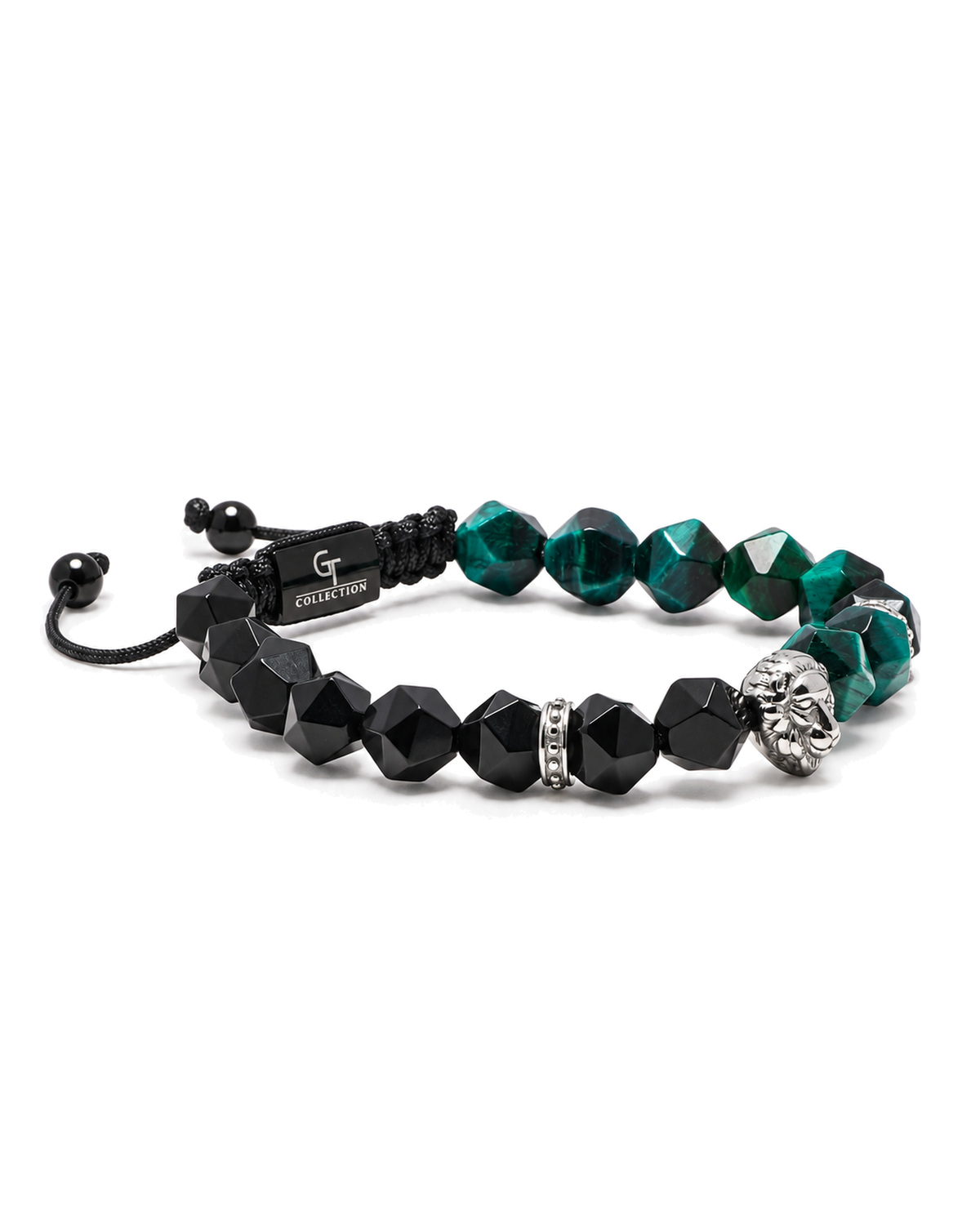 Lion charm beaded bracelet with black and green faceted stones and cord closure.