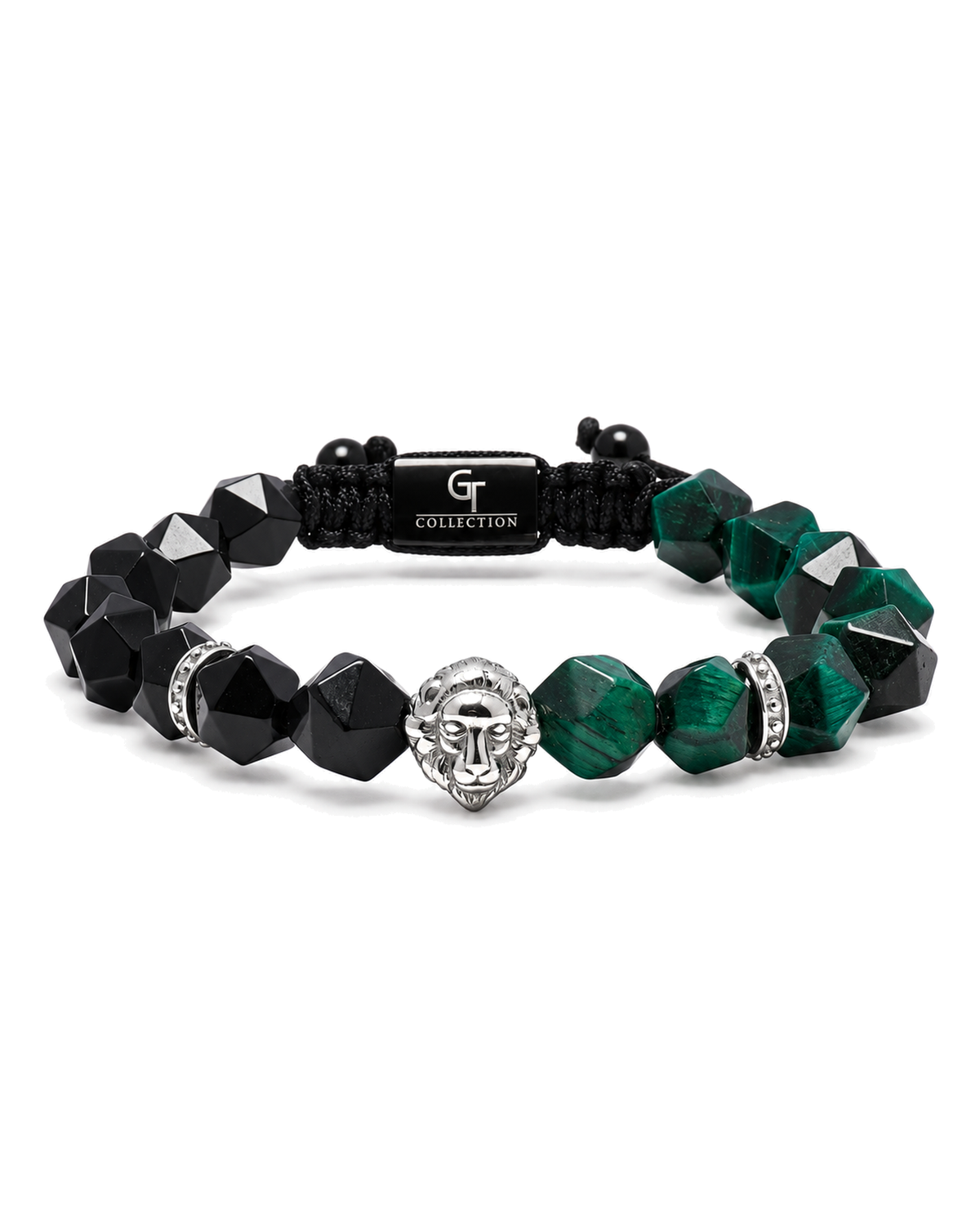 Lion charm bracelet with black beads, green faceted stones, and central black logo tag.